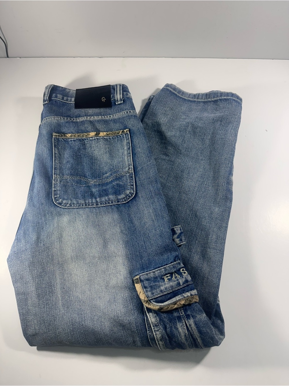 Men’s Cargo Jeans Size 32x31 Blue Denim Camo Trim Utility Multi-Pocket Y2K 90s